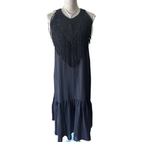 Ulla Johnson Silk Midi Dress Black Fringe Tiered Crochet Yoke Boho Chic Size 2 - Picture 3 of 14